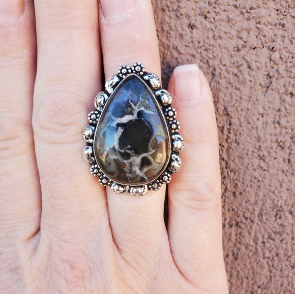 New Mud Crack Jasper Fossil 925 Silver Ring. - Picture 9 of 16